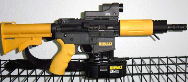 I couldn't not include this pic of an M16 souped up with nailgun parts that went viral a number of years ago. The "Dewalt-16," as it became known, is just a gag, though, not a real product. (Image via gunsholstersandgear.com)