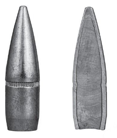A full metal jacket bullet from the outside (left) and inside (right). (Gun Digest photo)